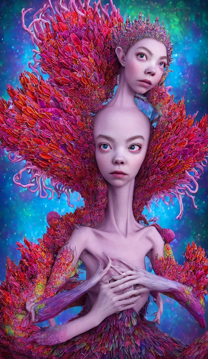 Image similar to hyper detailed 3d render like a Oil painting - kawaii portrait Aurora (a beautiful skeksis queen from dark crystal that looks like Anya Taylor-Joy) seen red carpet photoshoot in UVIVF posing in scaly dress to Eat of the Strangling network of yellowcake aerochrome and milky Fruit and His delicate Hands hold of gossamer polyp blossoms bring iridescent fungal flowers whose spores black the foolish stars by Jacek Yerka, Ilya Kuvshinov, Mariusz Lewandowski, Houdini algorithmic generative render, Abstract brush strokes, Masterpiece, Edward Hopper and James Gilleard, Zdzislaw Beksinski, Mark Ryden, Wolfgang Lettl, hints of Yayoi Kasuma, octane render, 8k