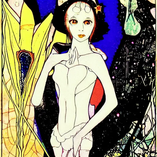 Prompt: madoka magica, portrait, harry clarke art style, pulp science fiction illustration