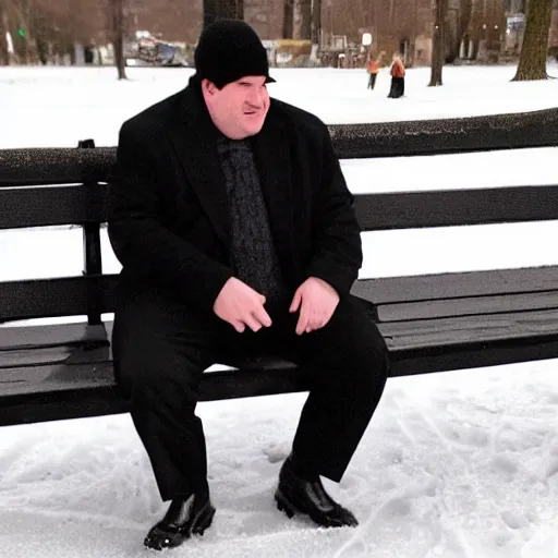 Prompt: Kevin Malone wearing a black ushanka hat and black wool overcoat sitting on a park bench during the winter