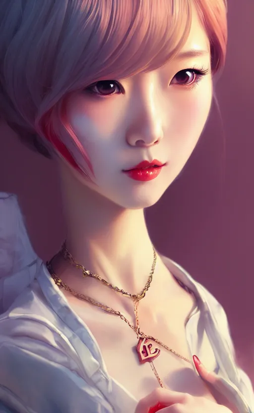 Image similar to a pin up and beautiful fashion charming dreamlke korea girl with lv jewelry, character art, art by artgerm lau and kyoung hwan kim and and ilya kuvshinov and john singer sargent, hyperdetailed, 8 k realistic, symmetrical, frostbite 3 engine, cryengine, dof, trending on artstation, digital art