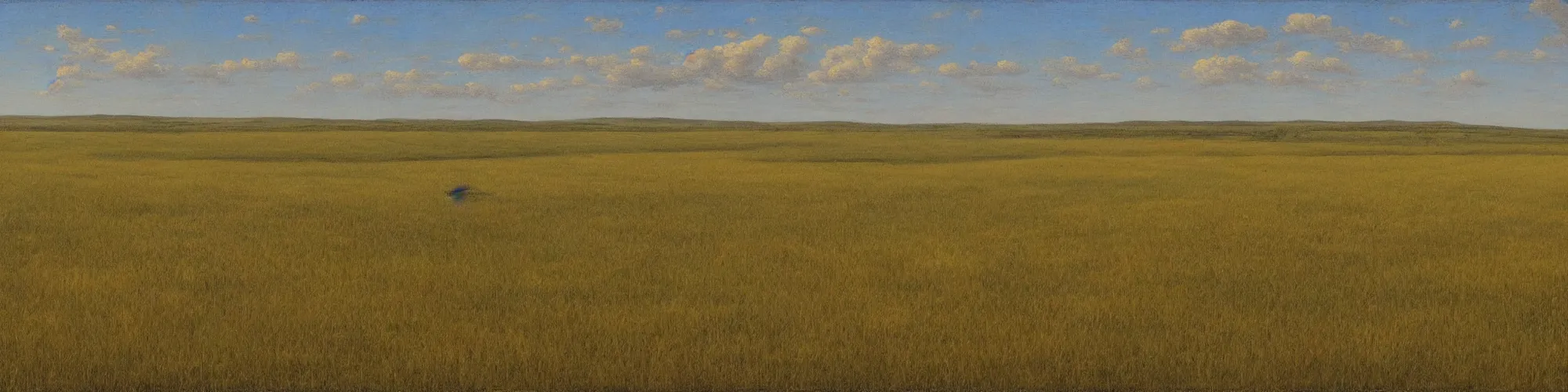 Prompt: flat expanse of grass, clear skies, prairie, no trees, Hudson River School