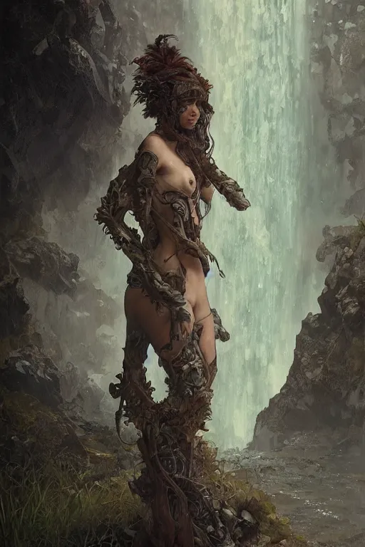 Image similar to a full body portrait of a beautiful post apocalyptic offworld neoicelandic biofarmer swimming by the waterfalls, intricate, elegant, highly detailed, digital painting, artstation, concept art, smooth, sharp focus, illustration, art by krenz cushart and artem demura and alphonse mucha