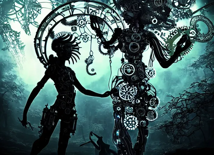 Image similar to silhouette of an intricate mechanical fairy with visible gears having tea with a cyborg winged horned demon medusa in a magical forest. Very detailed 8k. Fantasy cyberpunk horror. Sharp. Cinematic post-processing