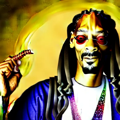 Image similar to Snoop Dog with big eyes eye color red , smiling and holding a joint in his hand