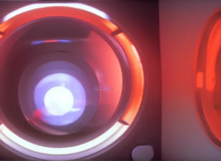 Image similar to film still of HAL from 2001 A Space Odyssey as a washing machine with a glowing red light inside it