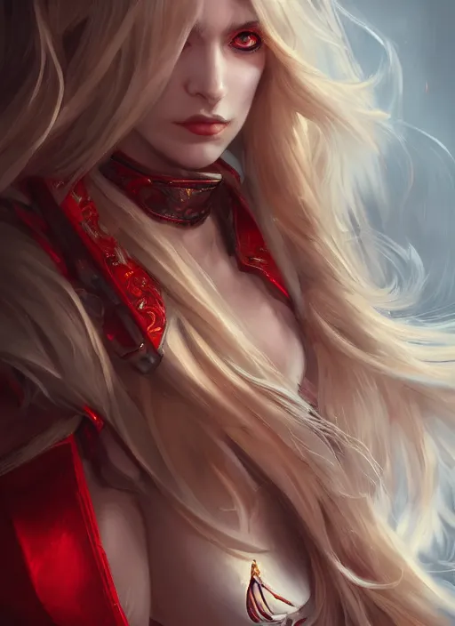 Image similar to a highly detailed illustration of beautiful long dirty blonde haired pale girl wearing red epaulette uniform, red eyes, dramatic seductive pose, intricate, elegant, highly detailed, centered, digital painting, artstation, concept art, smooth, sharp focus, league of legends concept art, WLOP