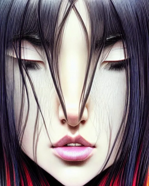 Image similar to ' bored waifish woman with silky straight hair ', closeup shot of face, beautiful shadowing, 3 d shadowing, reflective surfaces, illustrated completely, 8 k beautifully detailed pencil illustration, extremely hyper - detailed pencil illustration, intricate, epic composition, masterpiece, bold complimentary colors. stunning masterfully illustrated by artgerm, range murata, alphonse mucha, katsuhiro otomo.