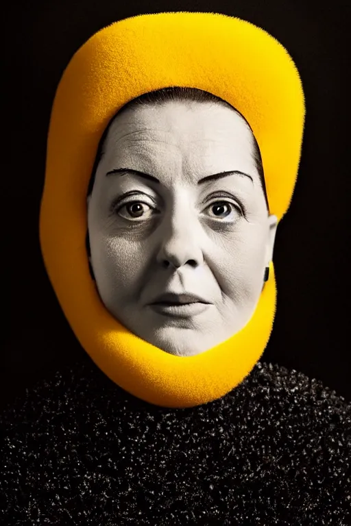 Prompt: studio portrait of woman that looks excactly like marge simpson, lookalike, as if marge simpson came to life, soft light, black background, fine details, close - up, award winning photo by martin schoeller