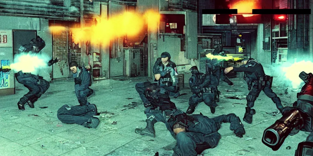 Image similar to 1993 Video Game Screenshot, Anime Neo-tokyo Cyborg bank robbers vs police, Set in Bank Vault Room, bags of money, Multiplayer set-piece, Police officers hit by bullets :5, Police Calling for back up, Bullet Holes and Blood Splatter, :2 ,Hostages, Smoke Grenades, Large Caliber Sniper Fire, Chaos, Cyberpunk, Money, Anime Bullet VFX, Machine Gun Fire, Violent Gun Action, Shootout :3 , Highly Detailed, 8k :6 by Katsuhiro Otomo + Studio Gainax : 8