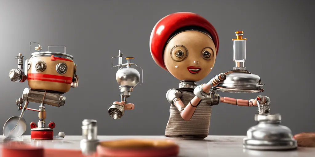 Prompt: closeup portrait of tin toy retro robot chef cooking pastry cake with chemicals flasks in a kitchen, depth of field, zeiss lens, detailed, centered, fashion photoshoot, by nicoletta ceccoli, mark ryden, lostfish, breathtaking, 8 k resolution, extremely detailed, beautiful, establishing shot, artistic, hyperrealistic, octane render