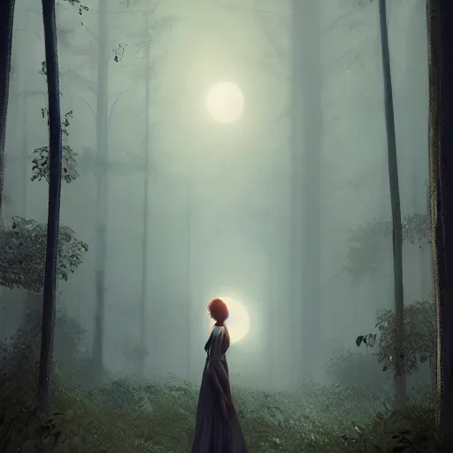 Image similar to a realistic woman with a long dress standing in a moonlit forest, beautiful woman, digital art, by Greg Rutkowski, volumetrics, dark fantasy, 4k, trending on artstation