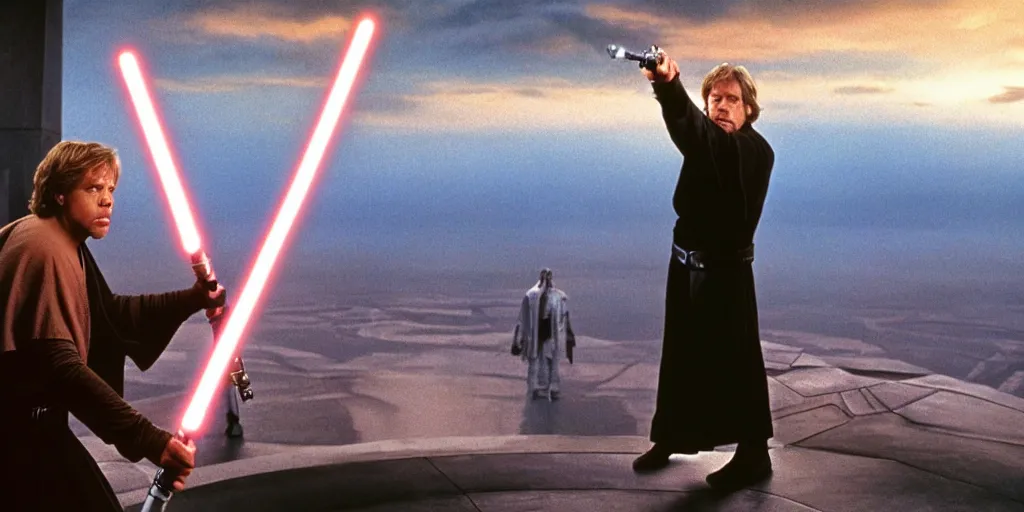 Prompt: A full color still of Mark Hamill as Jedi Master Luke Skywalker having a lightsaber fight with Sith Lords, with large windows showing a sci-fi city outside, at dusk at golden hour, IMAX, wideshot, from The Phantom Menace, directed by Steven Spielberg, 1997