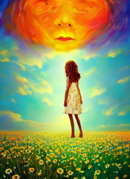 Image similar to girl face made of giant daisies, standing in a flower field, holding flowers, surreal photography, sunset dramatic light, impressionist painting, colorful clouds, large sky, digital painting, artstation, simon stalenhag