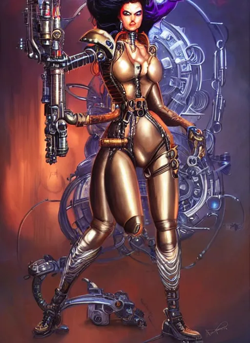 Image similar to front portrait of attractive Lady Mechanika standing while holding futuristic guns that wrap their arms, Intrincate steampunk imagery , D&D!, fantasy style, sharp focus!, ultra detailed, art by Artgerm and Peter Andrew Jones, WLUP