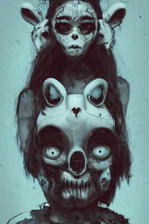 Prompt: portrait of a creepy horror punk girl with teddy bear mask . intricate abstract. intricate artwork. nightmare fuel. terrifying. by Tooth Wu, wlop, dan mumford , trending on artstation, greg rutkowski very coherent symmetrical artwork. cinematic, hyper realism, high detail, octane render, 8k