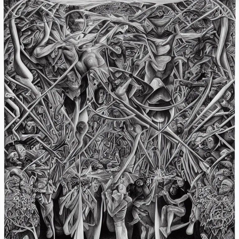 Image similar to meaning of death by Alex Grey and M. C. Escher collaboration