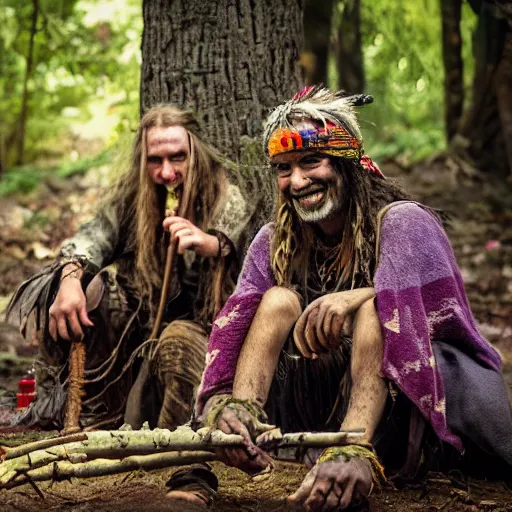 Prompt: hippie tribal hobo witch doctor wearing twigs and leaves smiling sheepishly, campfire, bong, water pipe, highly detailed, dramatic lighting, night time, cinematic, hyperrealistic, detailed, movie still from game of thrones