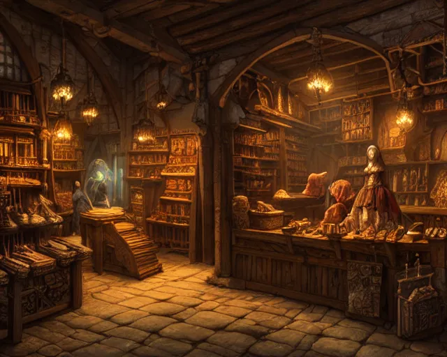 Image similar to a medieval shop, beautiful, detailed, realistic detailed clients, dark, concept art illustration, color page, tone mapping, akihiko yoshida, james jean, andrei riabovitchev, marc simonetti, digital illustration, greg rutowski, volumetric lighting, sunbeams, particles