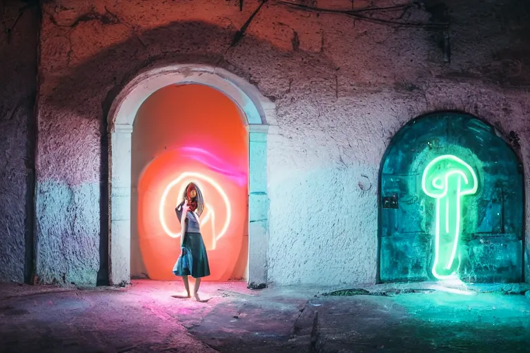 Prompt: A photograph of a woman standing in a snail-shaped interior space with her back to the camera， an arched door glowing white at the end, neon colors,F3.5,ISO640,18mm,1/60,Canon EOS 90D.
