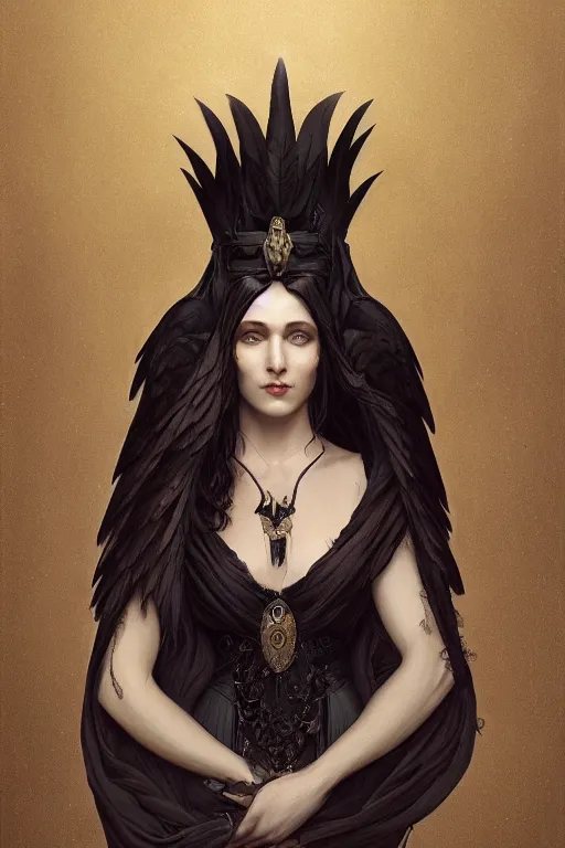 Image similar to a portrait of the Raven Queen, bored, illustration, dramatic lighting, soft details, painting oil on canvas, art nouveau, octane render, HDR, 4k, 8k, HD, by Edmund Blair Leighton, Brom, Charlie Bowater, trending on artstation, ,Tom Bagshaw faces by otto Schmidt