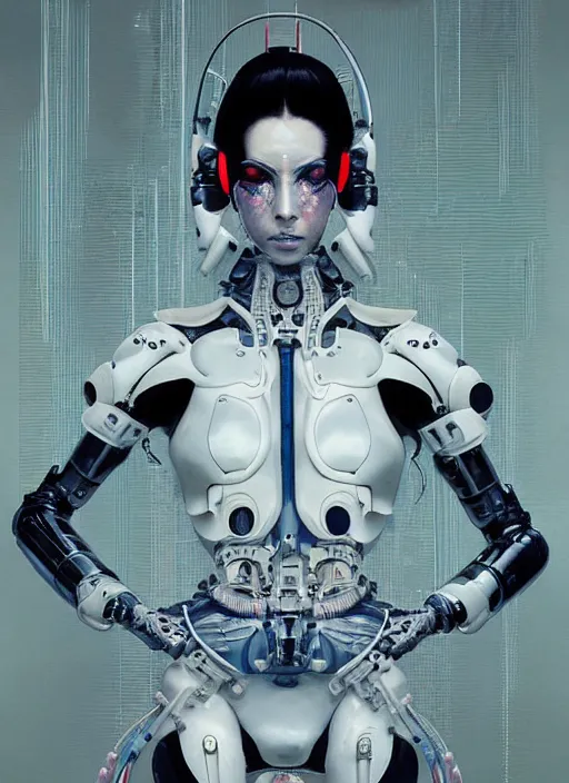 Prompt: portrait of a futuristic geisha cyborg, in the style of ghost in the shell, kintsugi, modern fine art, fractal, intricate, elegant, highly detailed, digital photography, richard avedon and greg rutkowski,