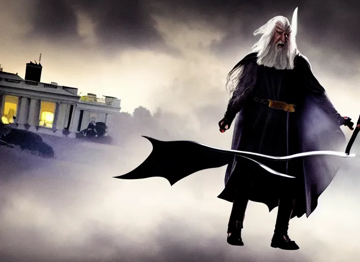 Image similar to gandalf attacks the white house, film still in the new batman movie, 4 k