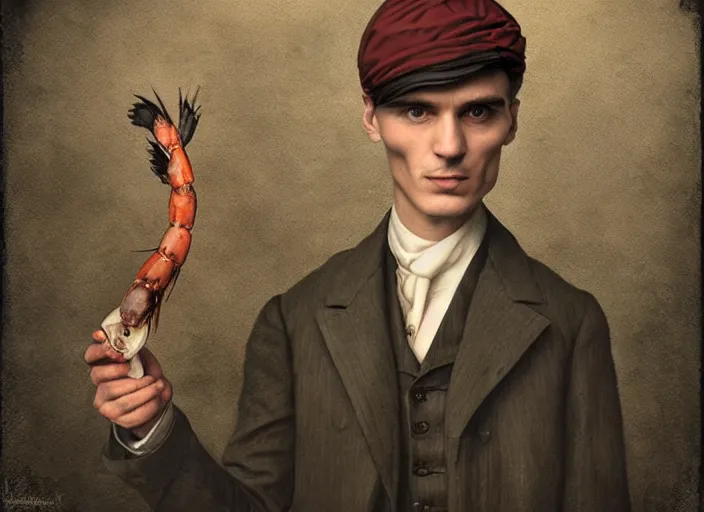 Image similar to thomas shelby with a shrimp on the head, lowbrow, matte painting, 3 - d highly detailed, in the style of mark ryden,