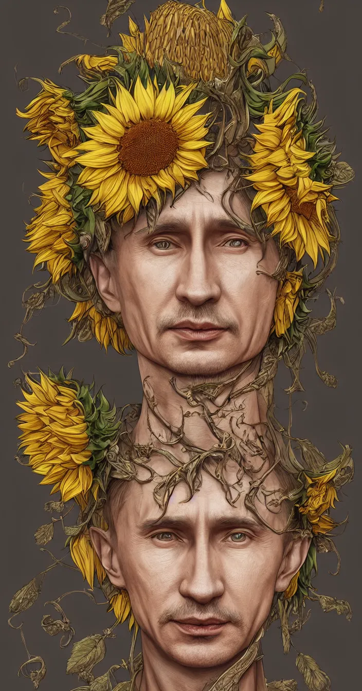 Image similar to digital art, centered full body of young any old Putin smiling king, Sunflower crown, ,intricate, veins, by James Jean and by artgerm , by ross tran ultradetailed, charachter design, concept art, trending on artstation,