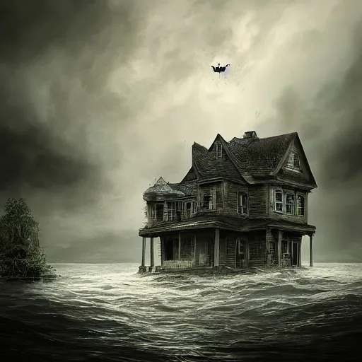 Image similar to haunted house floating in water, storm approaching, stylized, artgerm, artstation, hd, cgsociety, cgi, realistic, dramatic, cinematic, artistic, trending, detailed