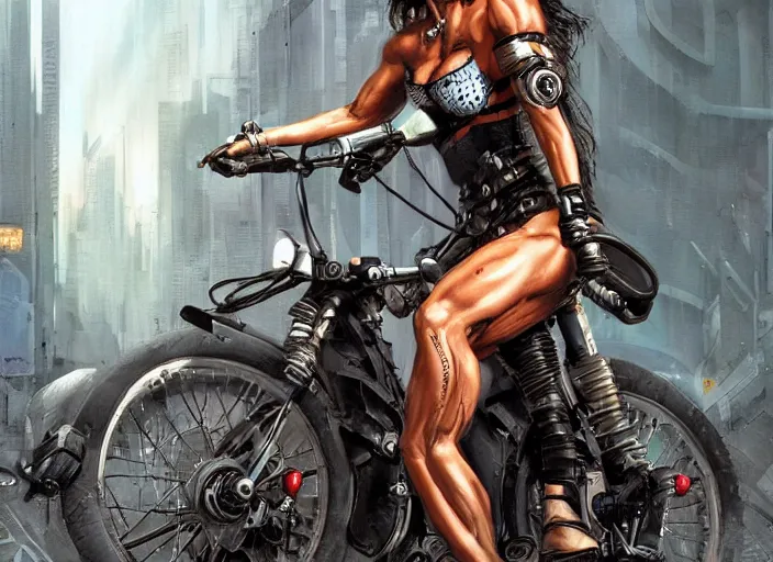 Image similar to a portrait of a female fitness model biker in a cyberpunk city art by Simon Bisley, Martin Emond, Sam Kieth, highly detailed artstation character concept art, full length character, sharp focus