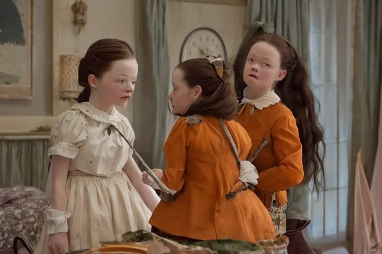 Prompt: mid-shot of Mackenzie Foy as the maid in the new movie directed by Wes Anderson, symmetrical shot, idiosyncratic, relentlessly detailed, limited colour palette, detailed face, movie still frame, promotional image, Wes Anderson, imax 70 mm footage