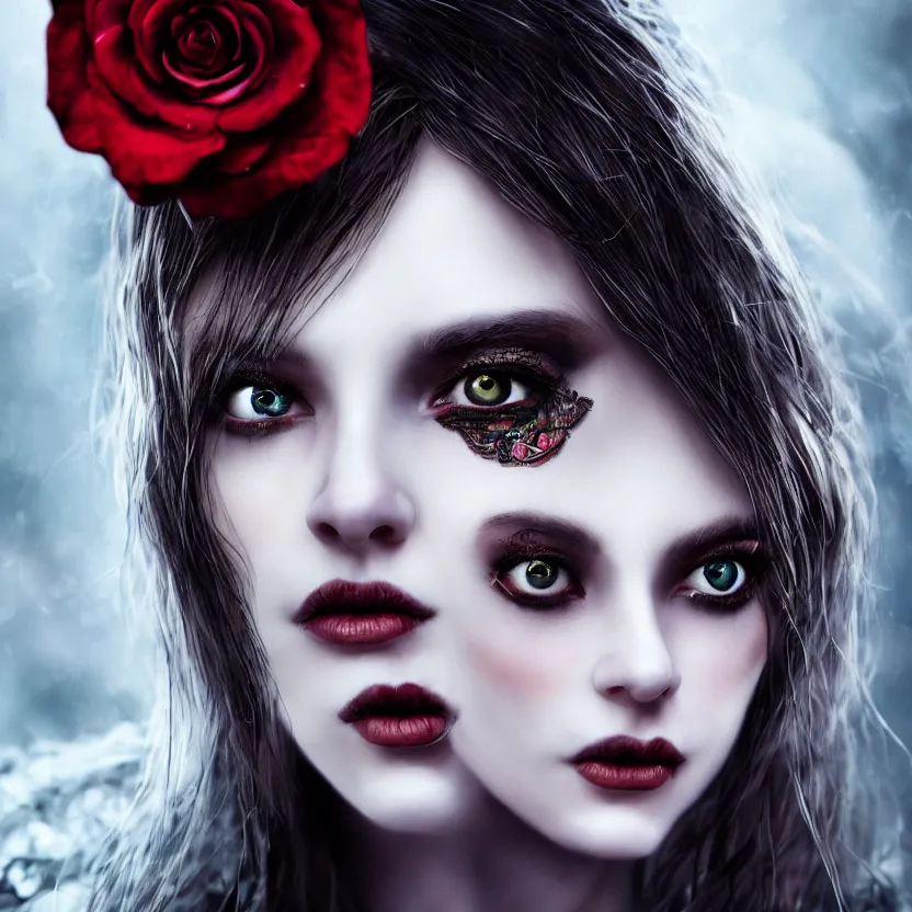 Image similar to single faced portrait of enchanting femenine witch, hyper attractive, seductive, very complex, hyper - maximalist, overdetailed, legendary cinematic, darkfantasy, archetype with timeless beauty breathtaking eyes, highly intricate, realism, roses, perspicious detail, silent hill aesthetic, photorealistic, lifelike, dslr 8 k, unbeatable coherency, octane render