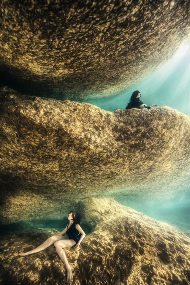 Image similar to underwater looking up, one woman sitting alone on a large rock in a deep trench , looking toward the sun rays and caustics, film , cinematic, underwater photography, low angle view, wide lens