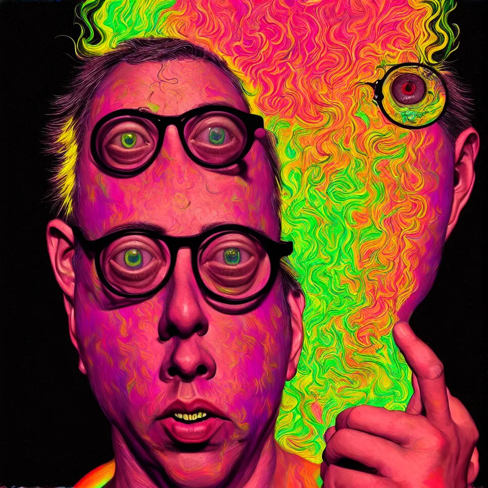 Prompt: bright psychedelic todd solondz turning into god and satan, diffuse lighting, fantasy, intricate, elegant, highly detailed, lifelike, photorealistic, digital painting, artstation, illustration, concept art, smooth, sharp focus, art by francis bacon