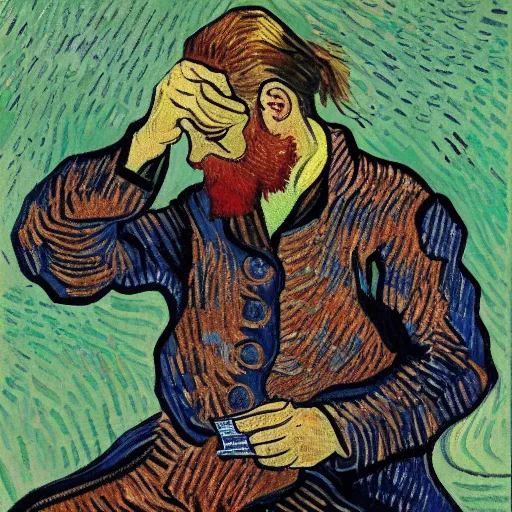 Prompt: a man pulls out his hair while reading a magazine, in the style of screaming, van gogh