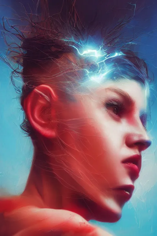 Prompt: 3 d, sci - fi, morning, madness fashion model face, sun, cinematic, lightning clouds, vogue cover style, light red and deep blue mood, realistic painting, intricate oil painting, high detail, figurative art, multiple exposure, poster art, 3 d, by stanley kubrick and tooth wu and wlop and beeple and greg rutkowski