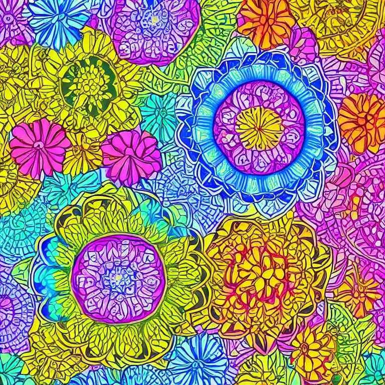 Prompt: colorful mandala consisting of flowers