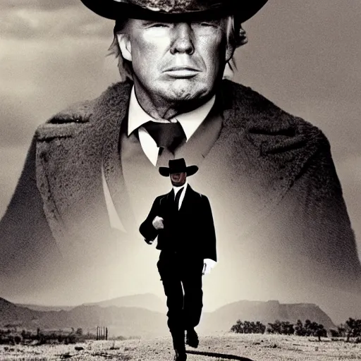 Image similar to an 1 8 0 0 s photo of donald trump playing the role of clint eastwood, squinting at high noon, in the style of a clint eastwood movie, the good, the bad and the ugly, distinguished, clint eastwood, vibe, glory days, mount rushmore, stern, resolve, formal, justice, american flag, independence, patriotism, symmetry, centered, balance