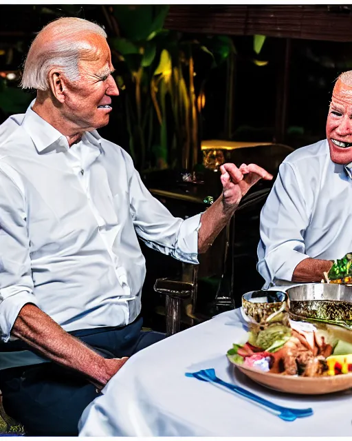 Image similar to Trump and Biden having dinner at a fancy Balinese restaurant, award winning photography, 85mm, perfect faces