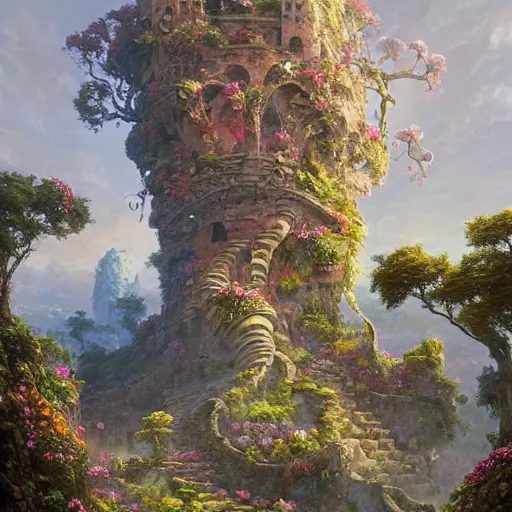 Prompt: forgotten stone city on a hill that rises up from the plain. the stone is carved into intricate patterns: spirals and flowers, vines and knots. towers high above, archways, strange trees and flowers. a beautiful and vivid and colorful andreas rocha and peter mohrbacher impasto!! acrylic painting