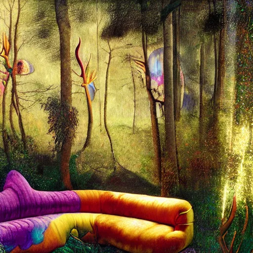 Image similar to psychedelic couch sofa in the lush pine forest, milky way, moose antlers, designed by arnold bocklin, jules bastien - lepage, tarsila do amaral, wayne barlowe and gustave baumann, cheval michael, trending on artstation, star, sharp focus, colorful refracted sparkles and lines, soft light, 8 k 4 k