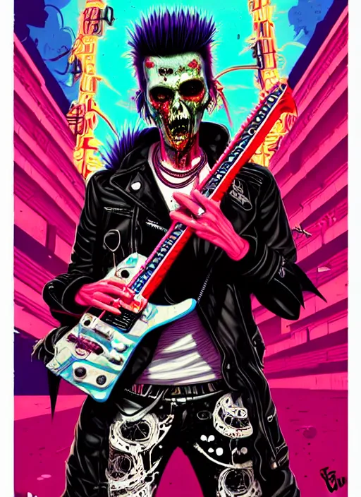 Image similar to a zombie punk rocker with a mohawk holding an electric guitar, tristan eaton, victo ngai, artgerm, rhads, ross draws