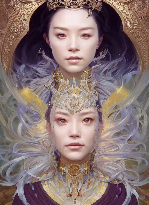 Image similar to highly detailed face portrait of majestic undead queen, stephen bliss, unreal engine, wuxia art by greg rutkowski, loish, rhads, ferdinand knab, makoto shinkai and lois van baarle, ilya kuvshinov, rossdraws, tom bagshaw, alphonse mucha, global illumination, radiant light, detailed and intricate environment