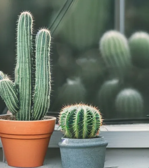 Image similar to a vintage photo of a cactus in a pot on a sunny windowsill