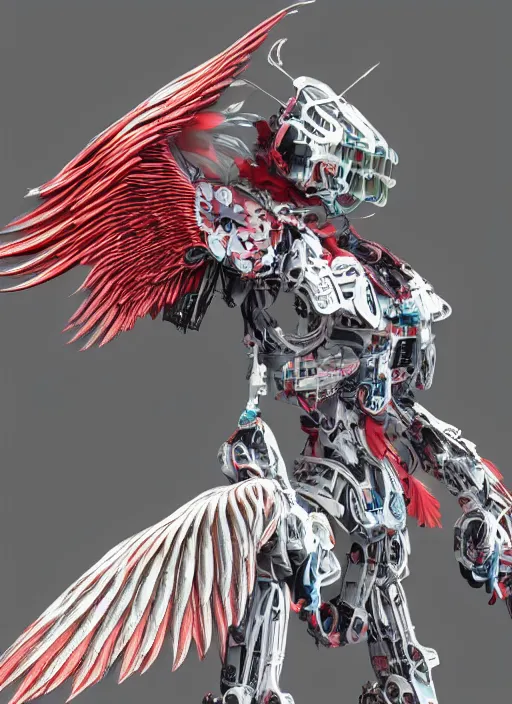 Image similar to / imagine a 3 d render of a huge robot with feathered wings attached to its back. saturated colors, ultra detailed, hyper realistic, intricate, japanese, futuristic,