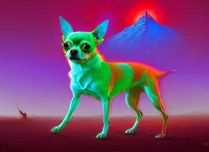 Prompt: A psychedelic portrait of chihuahua arcanoloth , vibrant color scheme, highly detailed, in the style of romanticism, cinematic, artstation, Moebius, Greg rutkowski