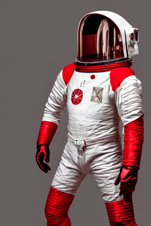 Image similar to a photography of red and white space suits designed for knights templar, golden linings, photo shoot, by annie leibovitz, sigma 85mm 1.4, glows, sharp, high contrast, octane render