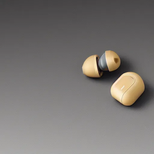 Image similar to a single beige truly wireless earbud with gold accents, beige case, studio, product photo