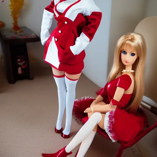 Image similar to anime barbie doll, 5 dolls, doctor suit, playboy, leather, in red velvet stockings, a nurse's dress, full length, heels on her feet