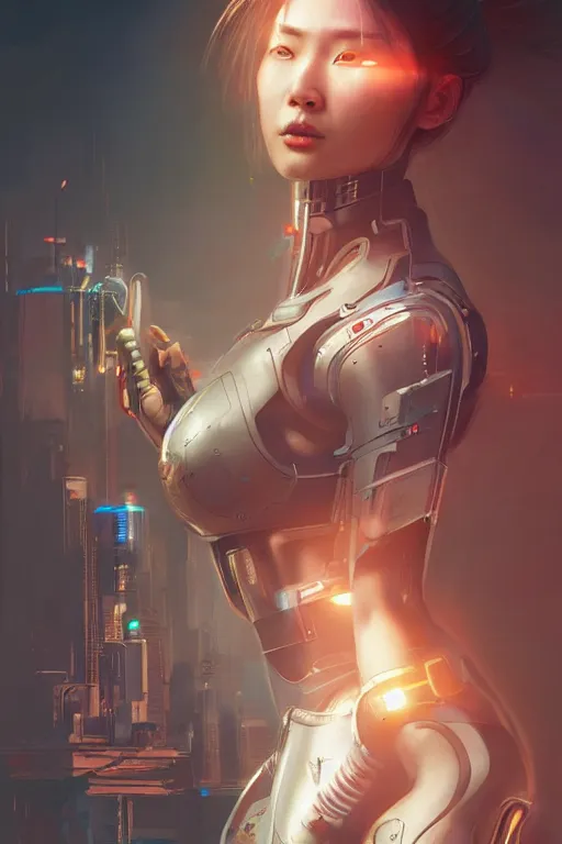 Prompt: Photorealistic illustration, Korean cyborg woman, cyberpunk 2077, sci-fi, futuristic, intricate, elegant, highly detailed, digital painting, artstation, concept art, smooth, sharp focus, art by artgerm, greg rutkowski and alphonse mucha